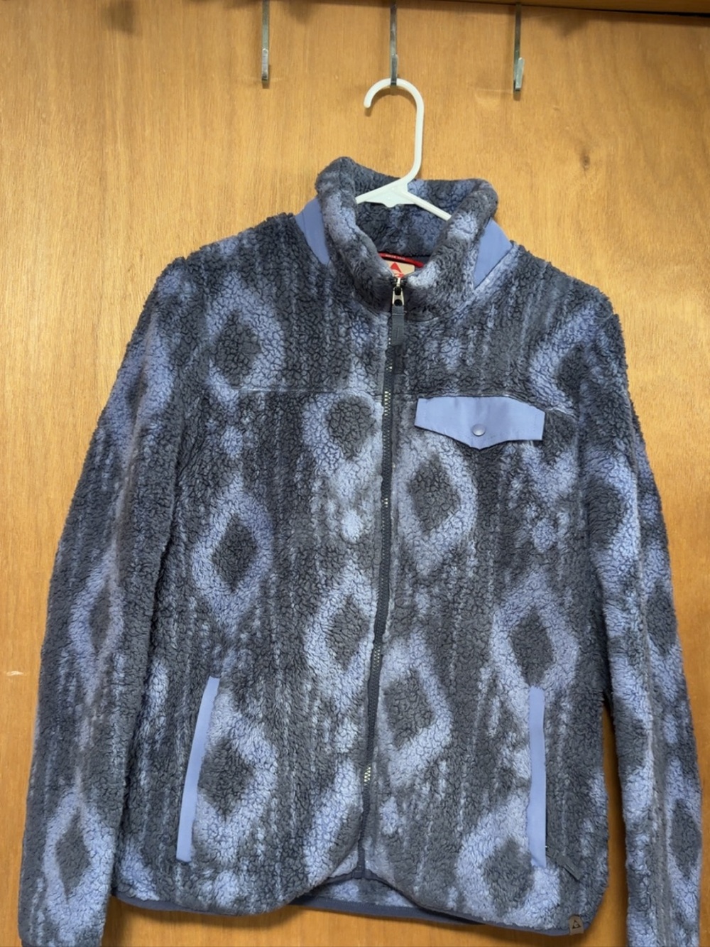 Blue Gray Diamond Pattern Sherpa Zip Jacket